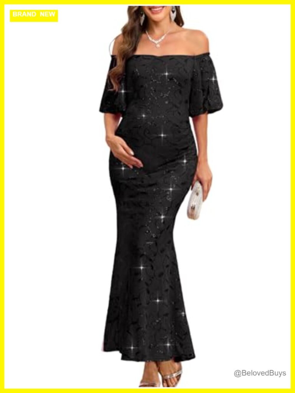 Off-Shoulder Sequin Maternity Evening Gown Puff Sleeve Mermaid Maxi Dress